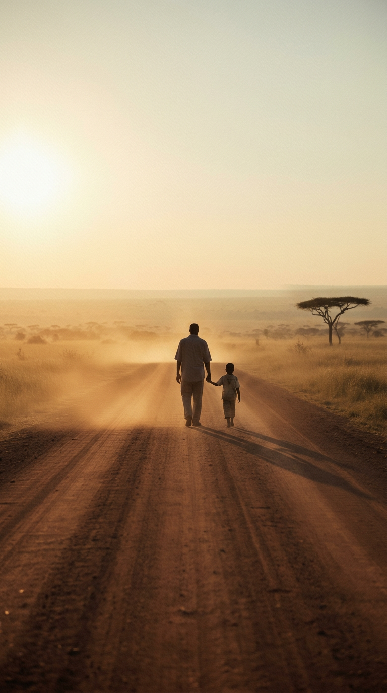A father and young child walk hand-in-hand down a dust road toward the horizon — a long journey toward ending HIV/AIDS.